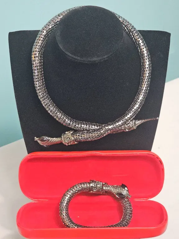 Black Metal Snake Motif Necklace and Hinged Bracelet Set