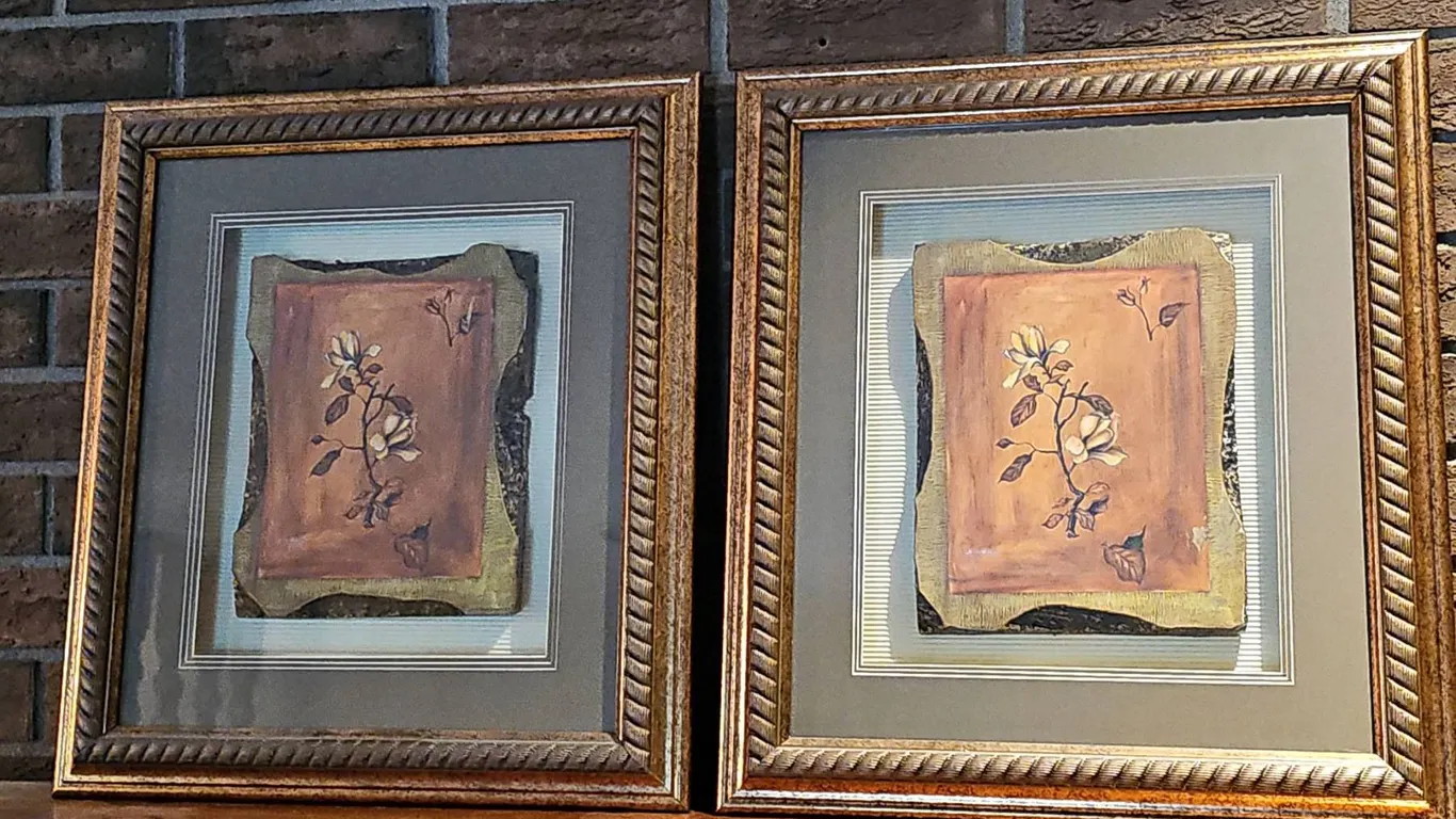 Framed Floral Still Life Paintings on Rustic Wood