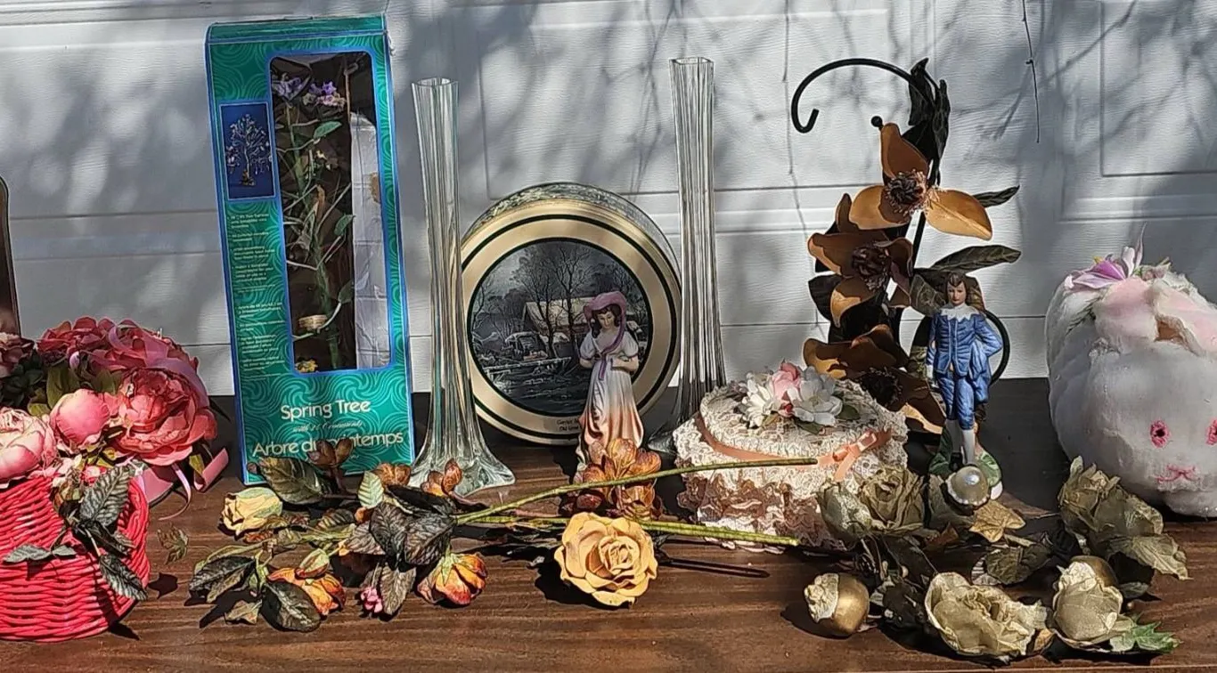 Decorative Lot: Faux Flowers, Figurines, Plush Bunny, Spring Tree Kit, Metal Tin
