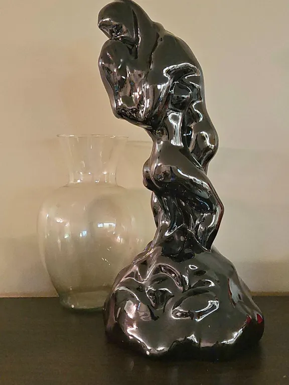 Abstract Black Glazed Ceramic Sculpture of Embracing Figures