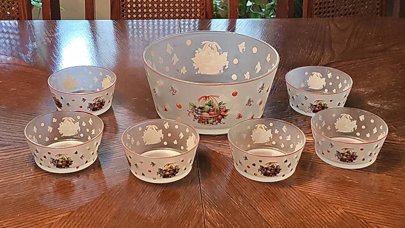 Frosted Glass Punch Bowl Set with Fruit Basket Motif, 7 Pieces