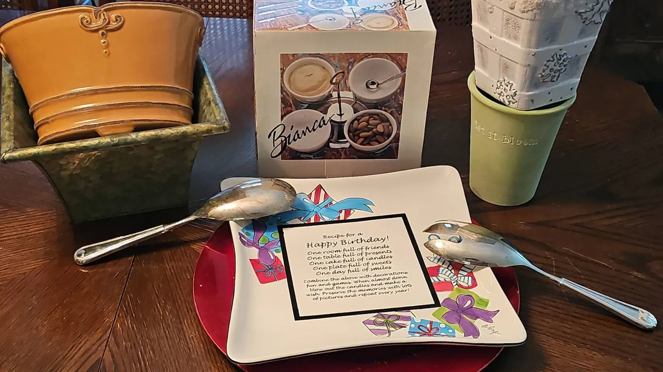Serveware and Decorative Lot Featuring Bianca Condiment Set, Plate with Poem, Flowerpots