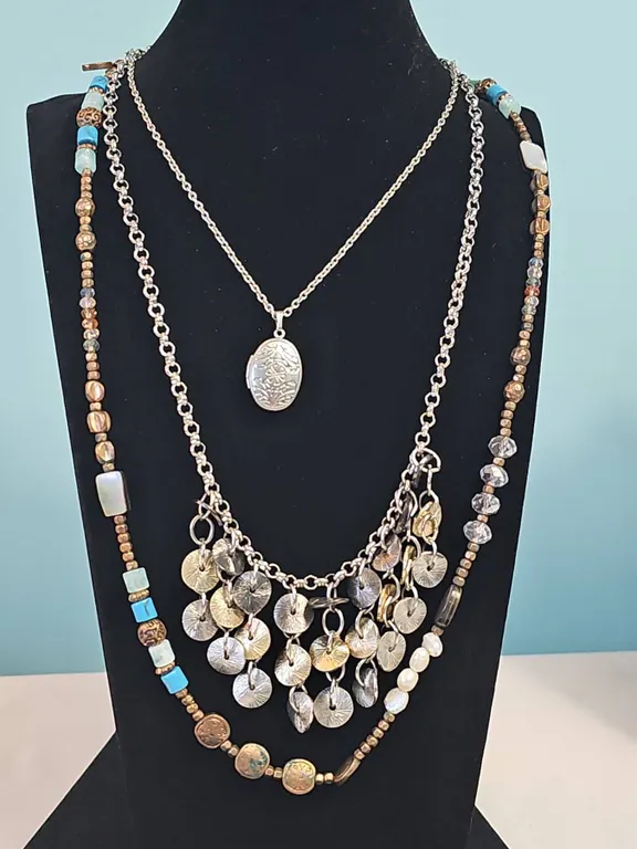 Metal and Bead Necklace Lot with Silver Tone Locket