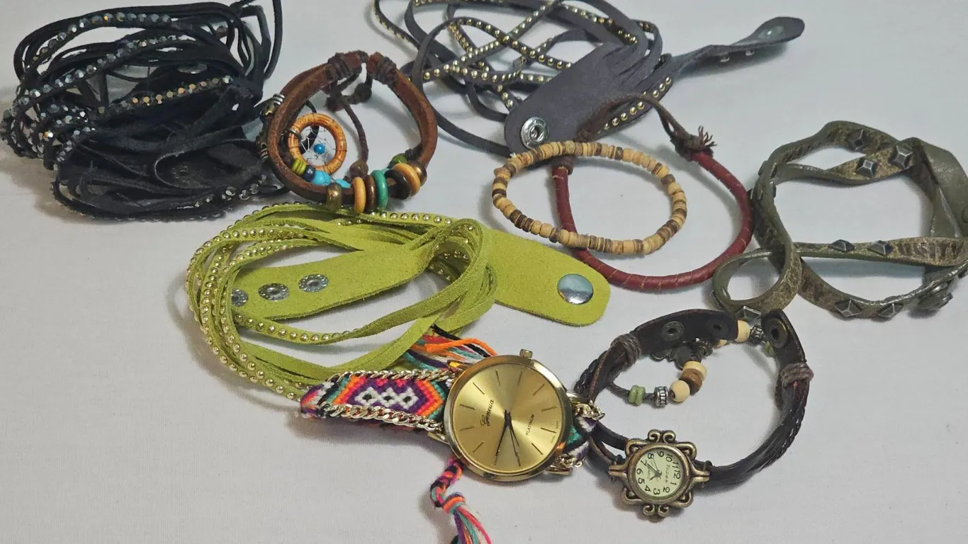 Leather and Beaded Bracelets with Two Watches