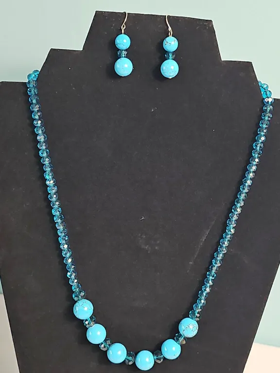 Blue Turquoise and Crystal Bead Necklace and Dangle Earring Set