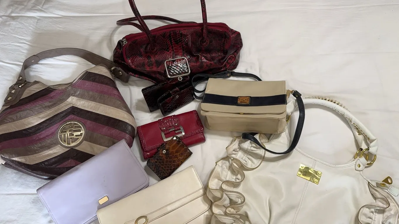 8 Mixed Brand Handbags, Wallets, and Clutches Including Guess, DC