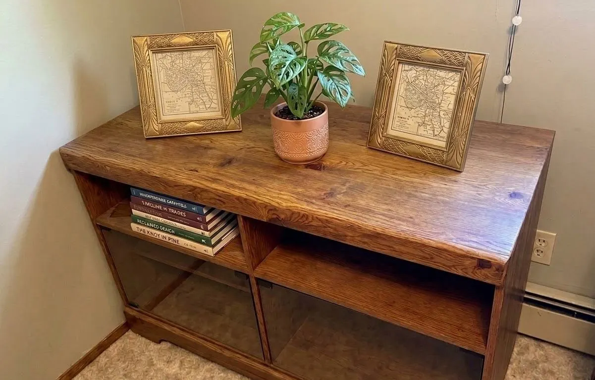 Wooden Cabinet with Glass Sliding Doors and Open Shelves