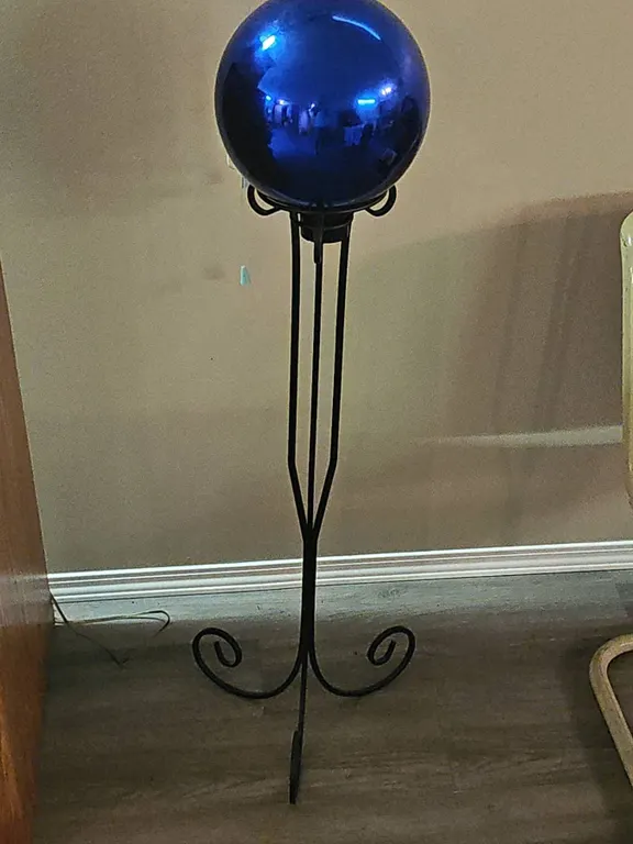 Blue Gazing Ball with Black Metal Stand