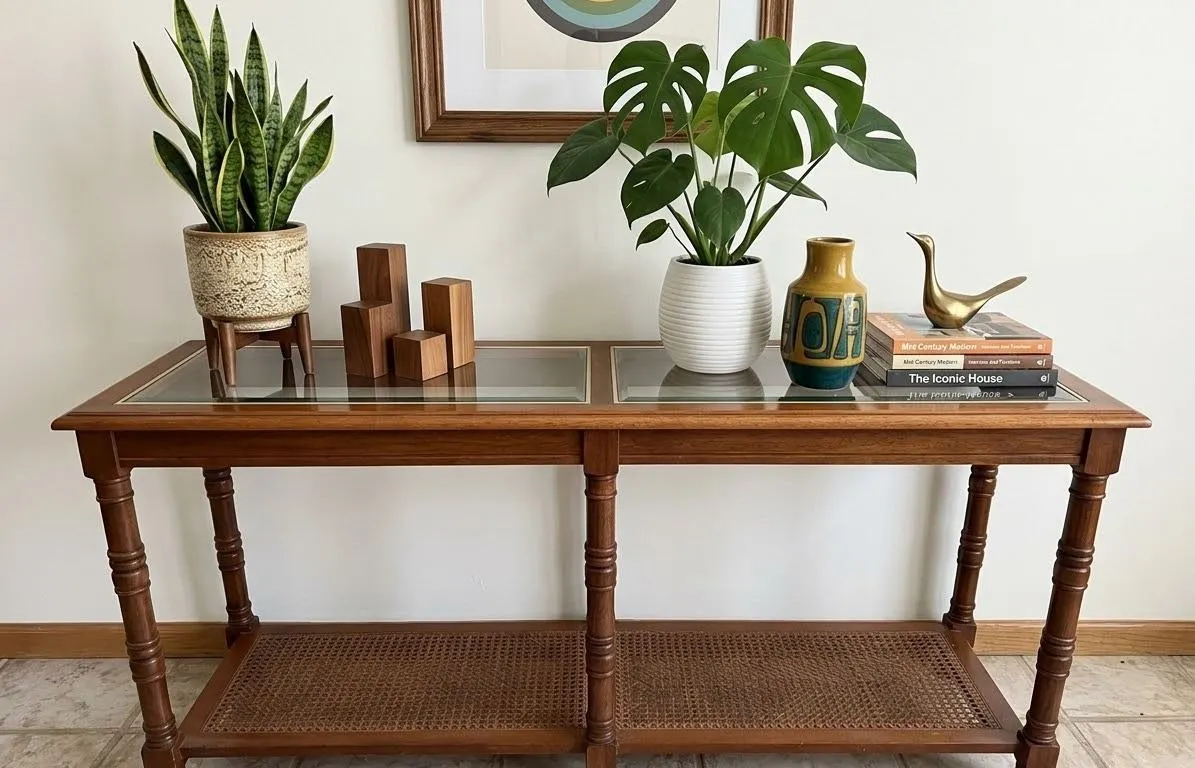 Wood and Glass Console Table with Cane Shelf