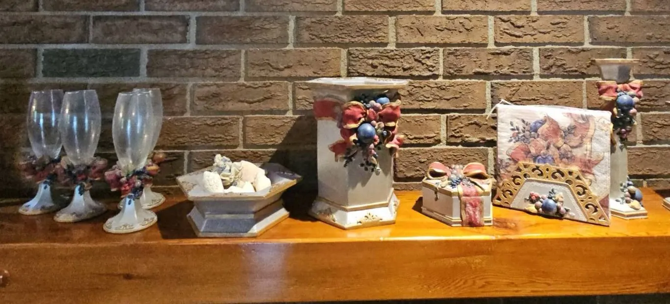 Decorative Painted Candle Holders, Glasses, Bow-Adorned Boxes and Napkin Holder Lot