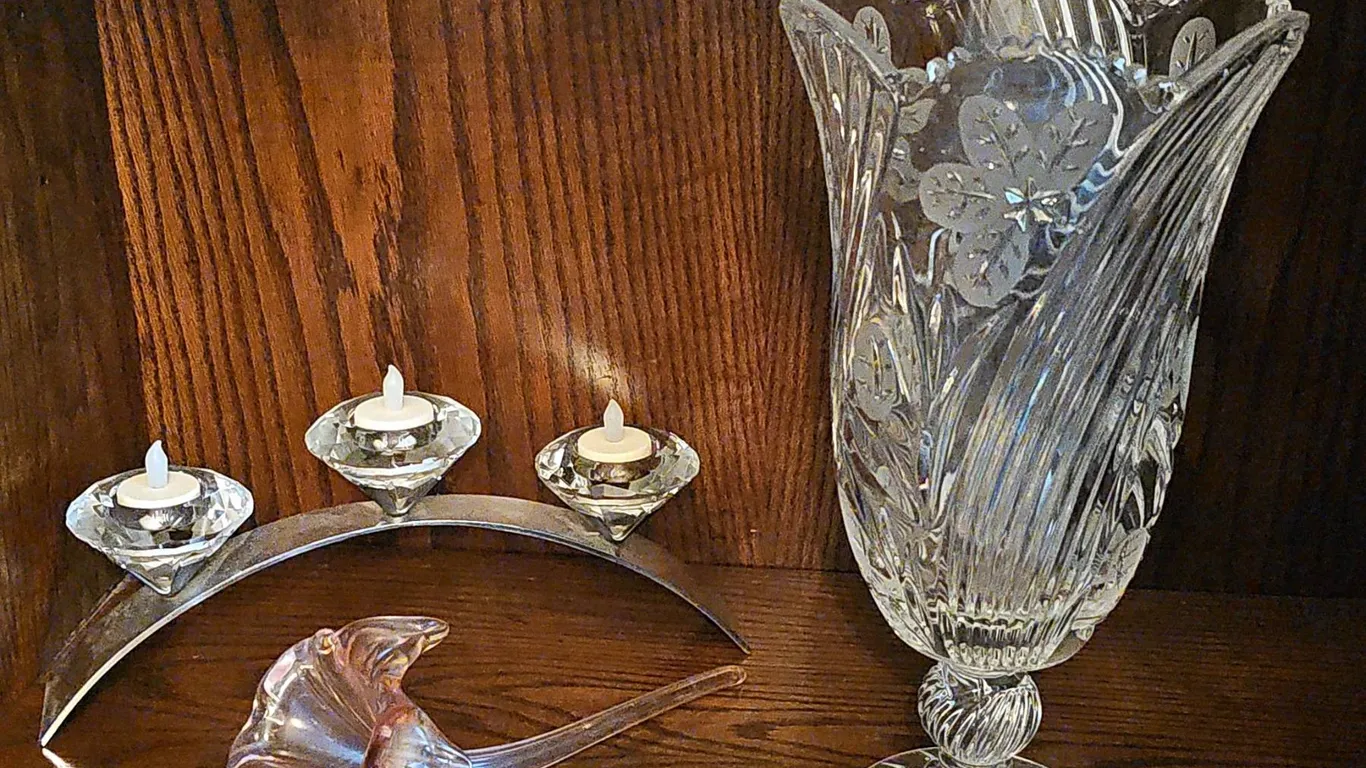 Crystal Vase, Glass Flower, and Diamond-Shaped Candle Holders Set
