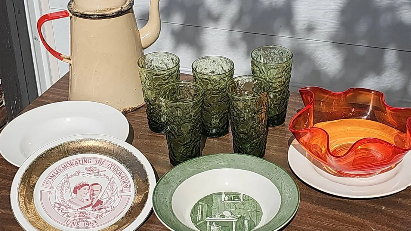 Lot: Enamel Coffee Pot, Glasses, Plates, and Commemorative Dish