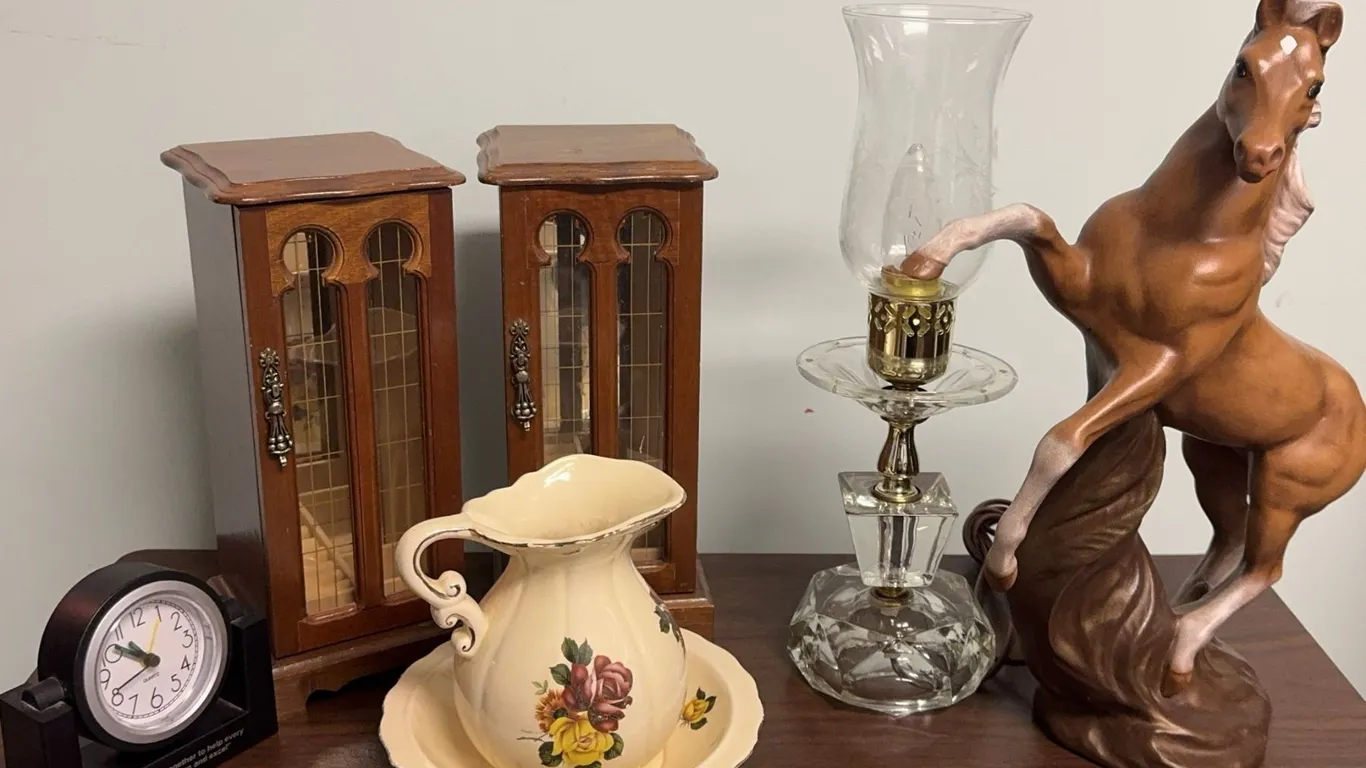 Decorative Lot: Horse Figurine, Pitcher and Bowl, Oil Lamp, Clock, and Display Cabinets