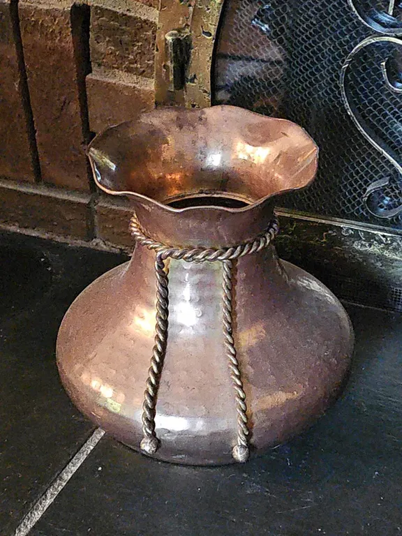 Hand-Hammered Solid Copper Vase with Brass Rope Accent, Made in Turkey