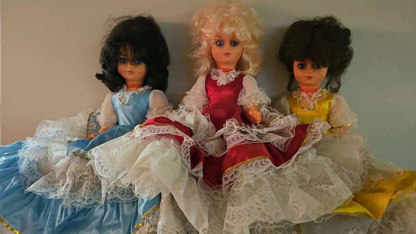 Three Large Vintage Dolls with Lace Dresses