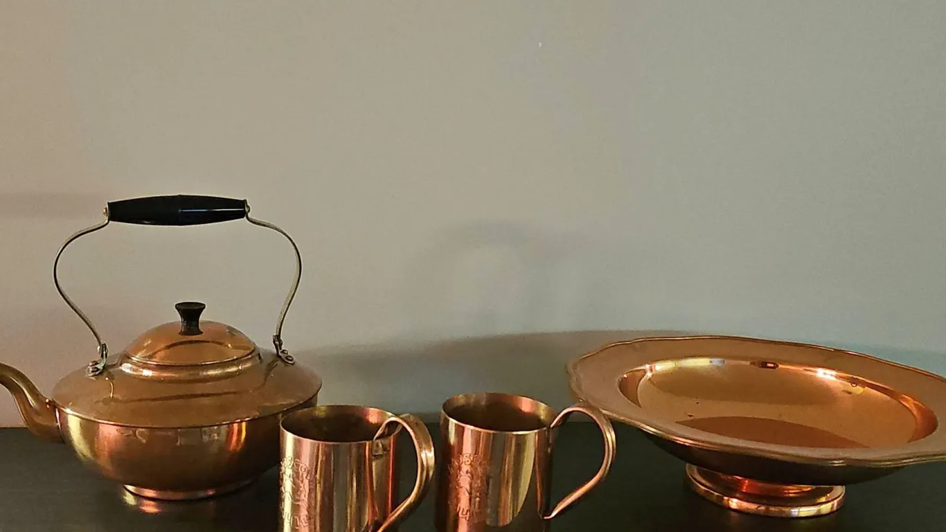 Copper Teapot, Two 'Moscow Mule' Mugs, and Copper Bowl Set