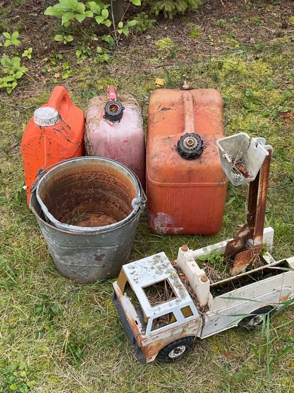 Old Gas Cans, Metal Pail, and Metal Toy Dump Truck
