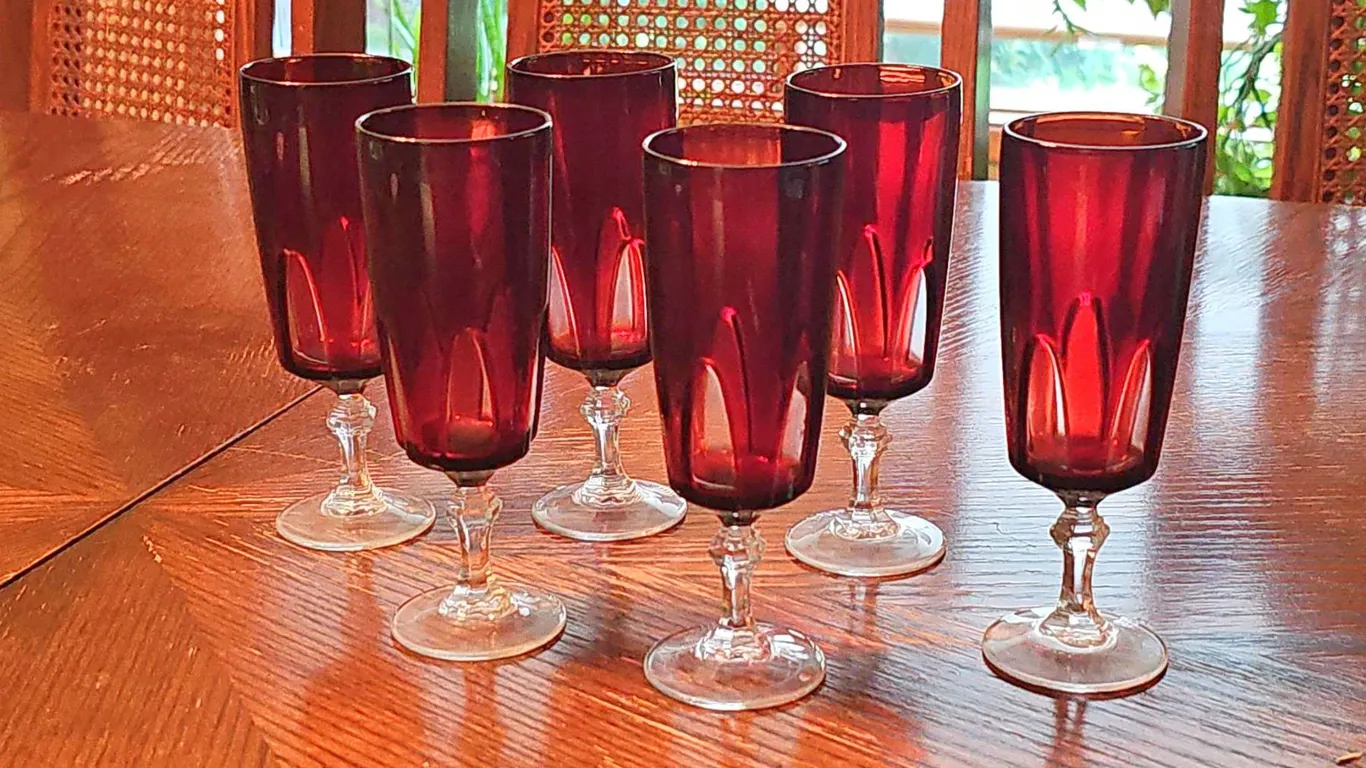 1940s 6 Red Glass Goblets with Clear Stems
