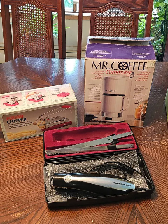Hamilton Beach Electric Knife, Mr. Coffee Commuter Coffeemaker, and Potato Chipper