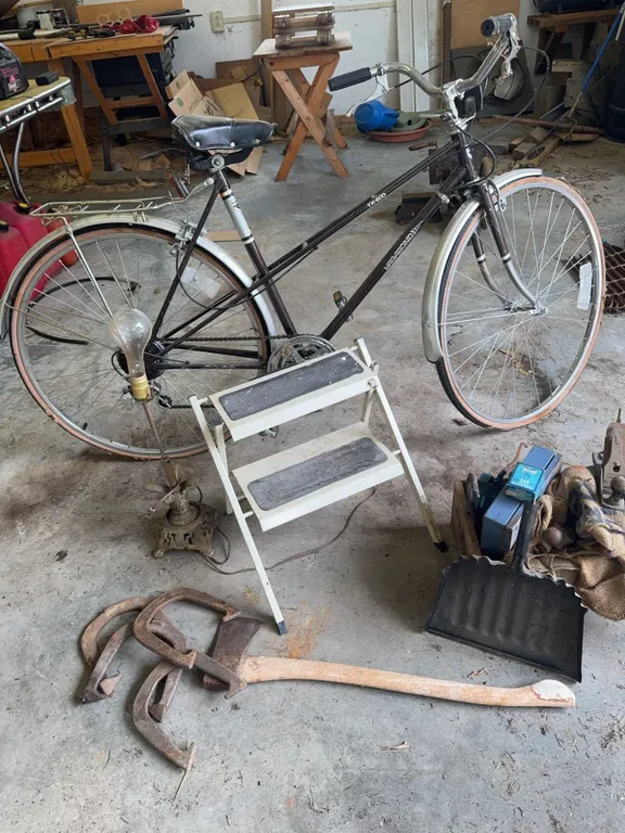 Vintage Columbia Bicycle, Cast Iron C-Clamps, Lamp, Step Stool, and Tools