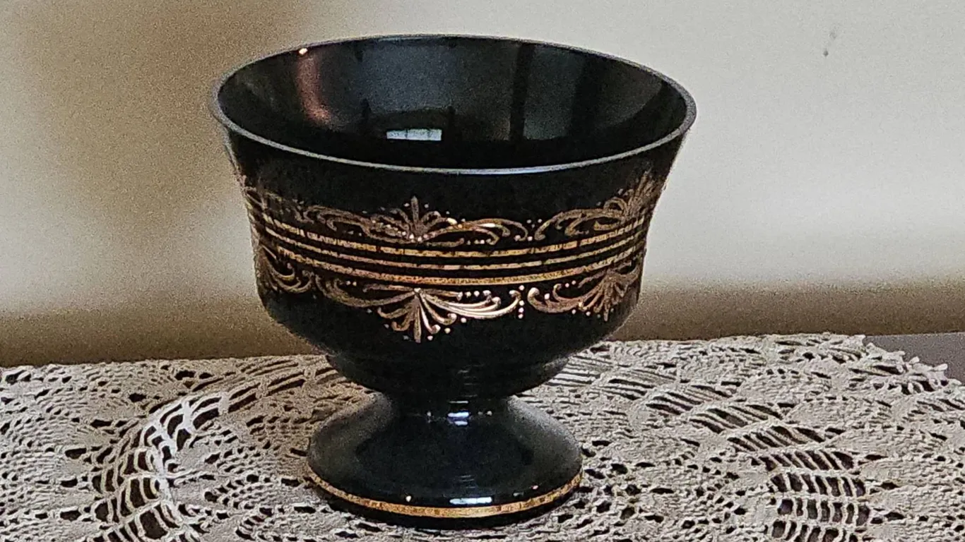 Black Glass Pedestal Compote with Gold Decorative Accents