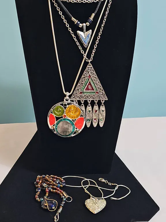 Costume Necklaces Including Beaded, Heart Locket, Arrow, and Multicolour Pendants