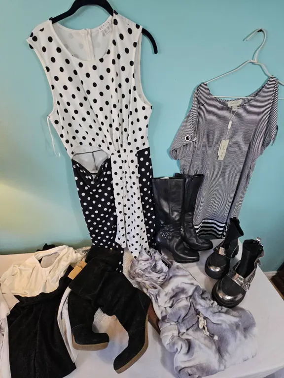 Women's Clothing and Footwear Lot, Incl. VENUS Dress, Charlie Paige Top, Black Boots, Size 9