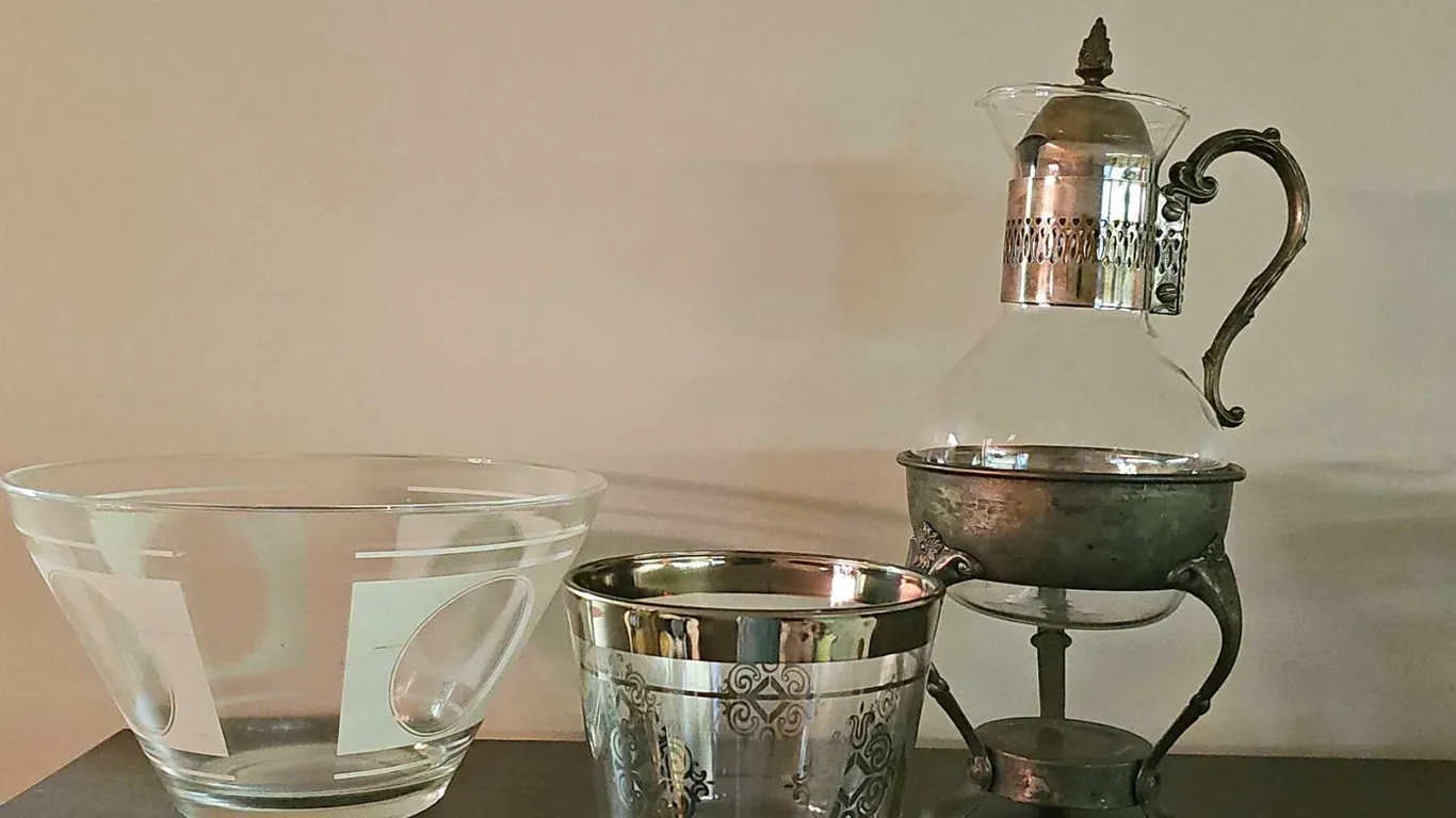 Glass and Silver-Plated Coffee Server with Glass Bowl and Tumbler