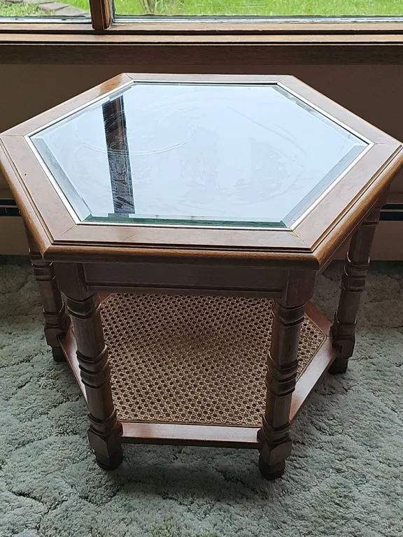 Hexagonal Wood and Glass Top Side Table with Cane Shelf
