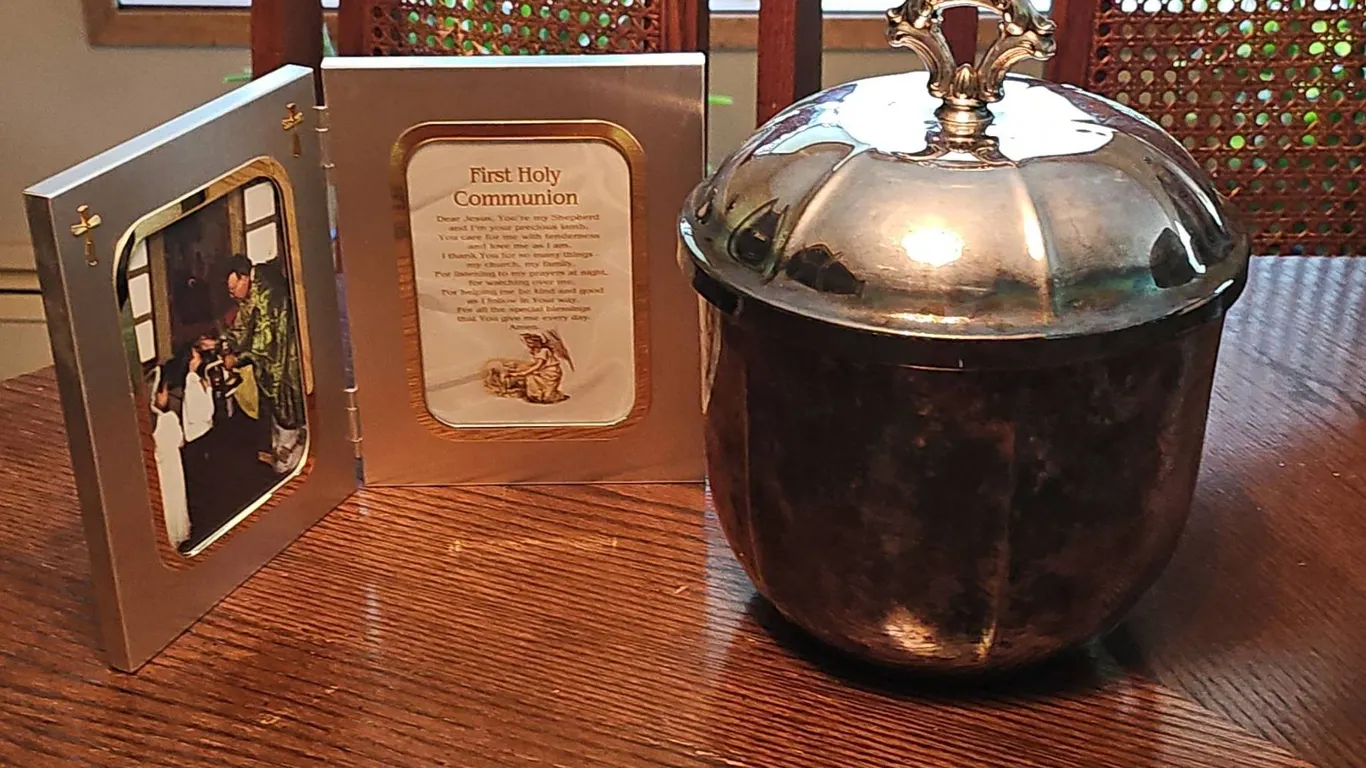 Silver-Plated Lidded Ice Bucket with First Communion Photo Frame