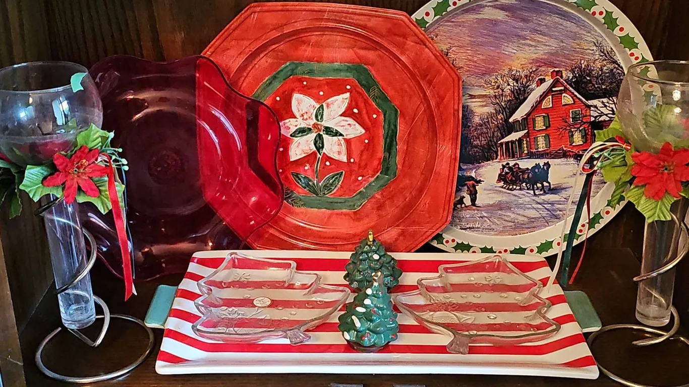 Christmas Tableware Lot With Glass Dishes, Plates, Candle Holders, Decor