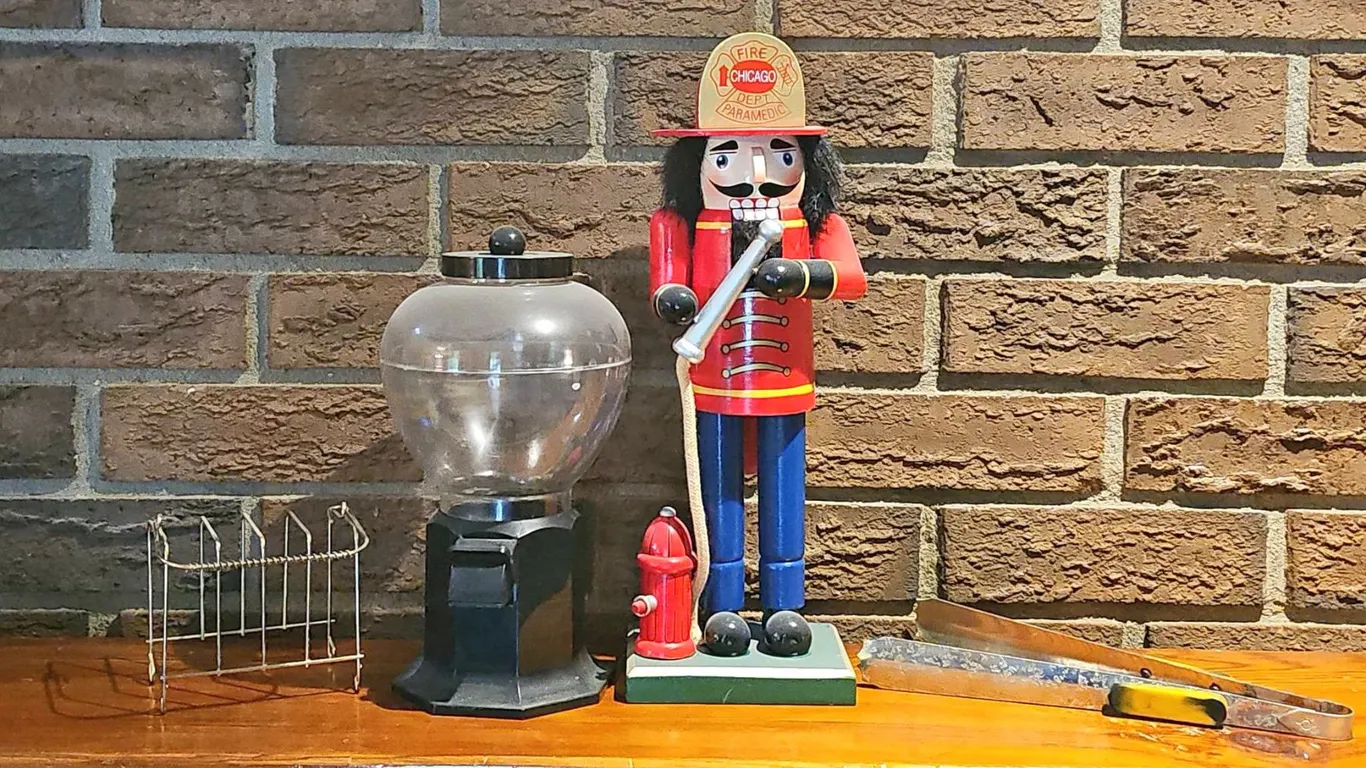 Wooden Chicago Firefighter Nutcracker and Gumball Machine