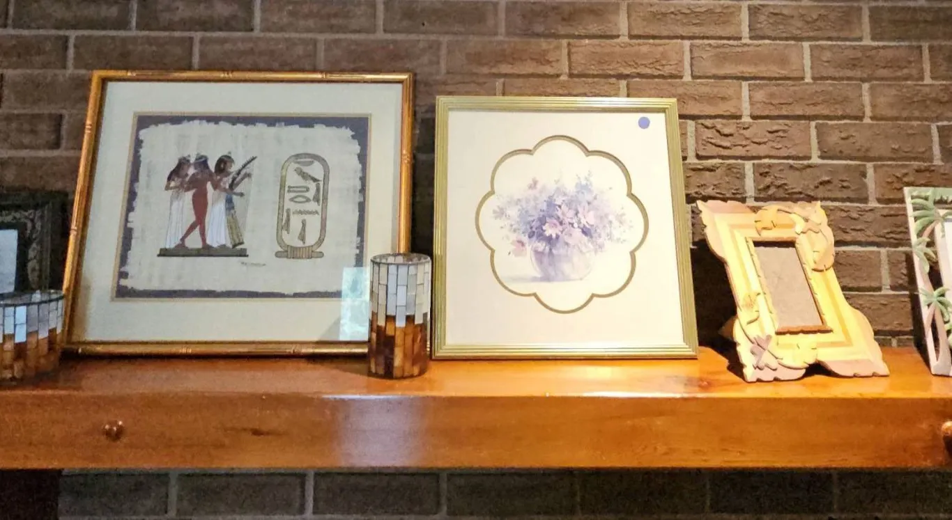 Five Assorted Framed Artworks and Mosaic Candle Holder