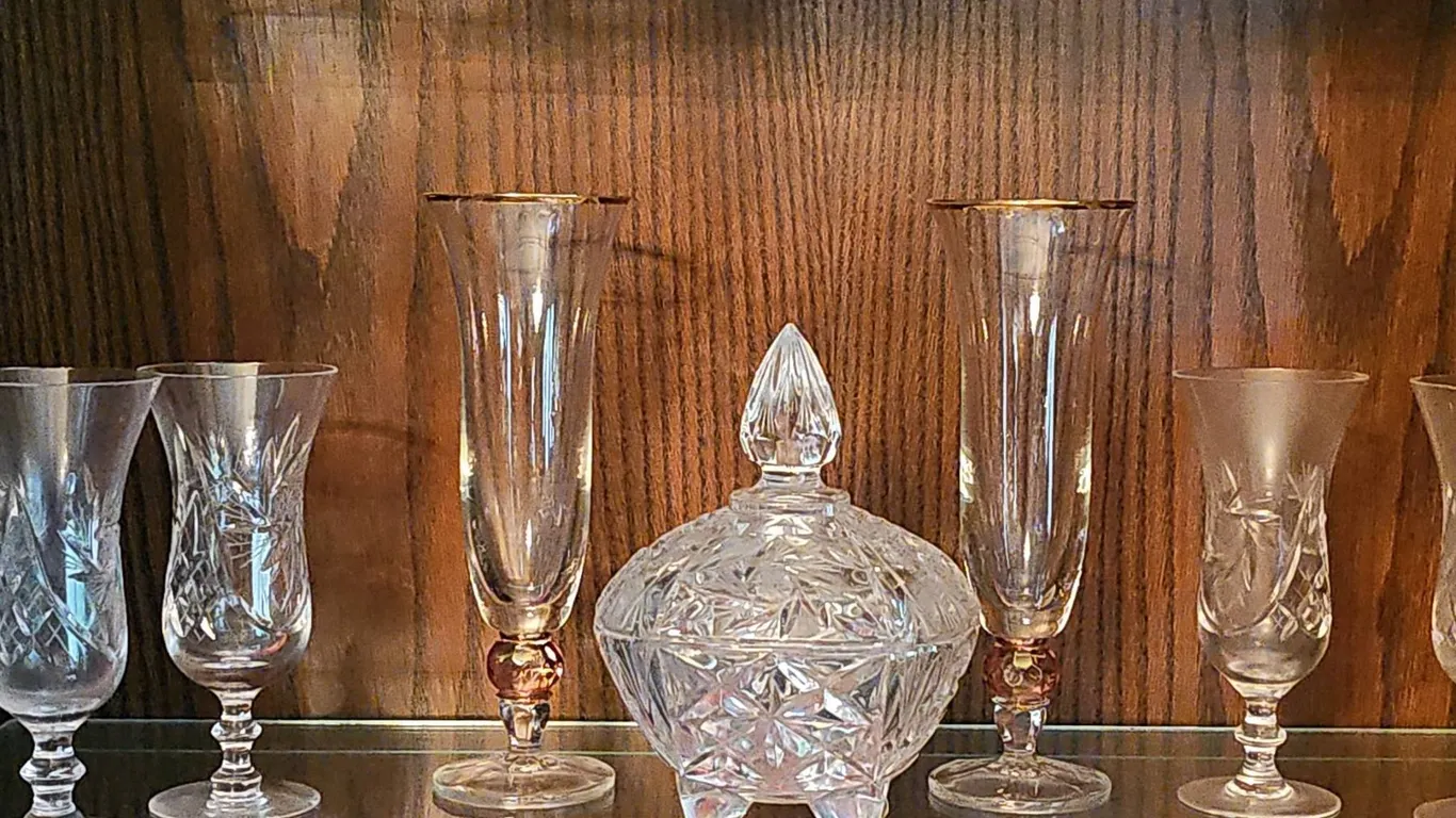 Cut Glass Crystal Candy Dish With Lid and Four Stemmed Glasses