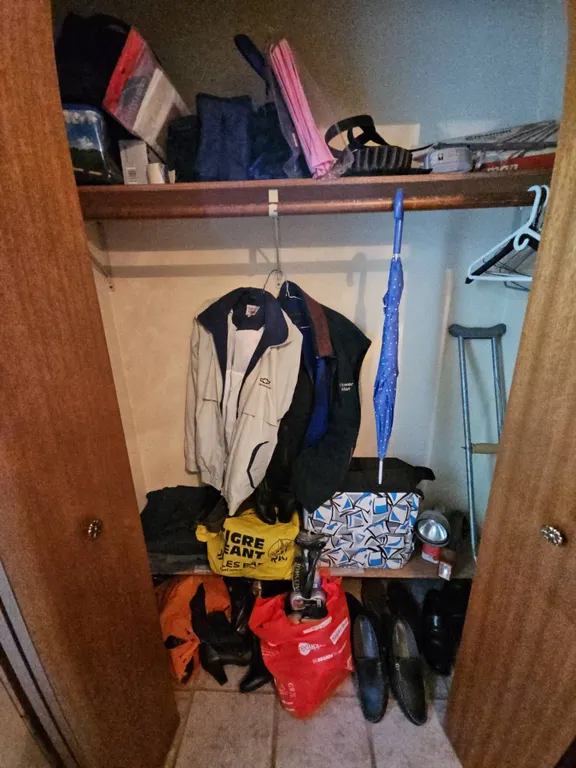 Lot: Closet Misc Men’s Clothing, Shoes, Umbrella, Crutch