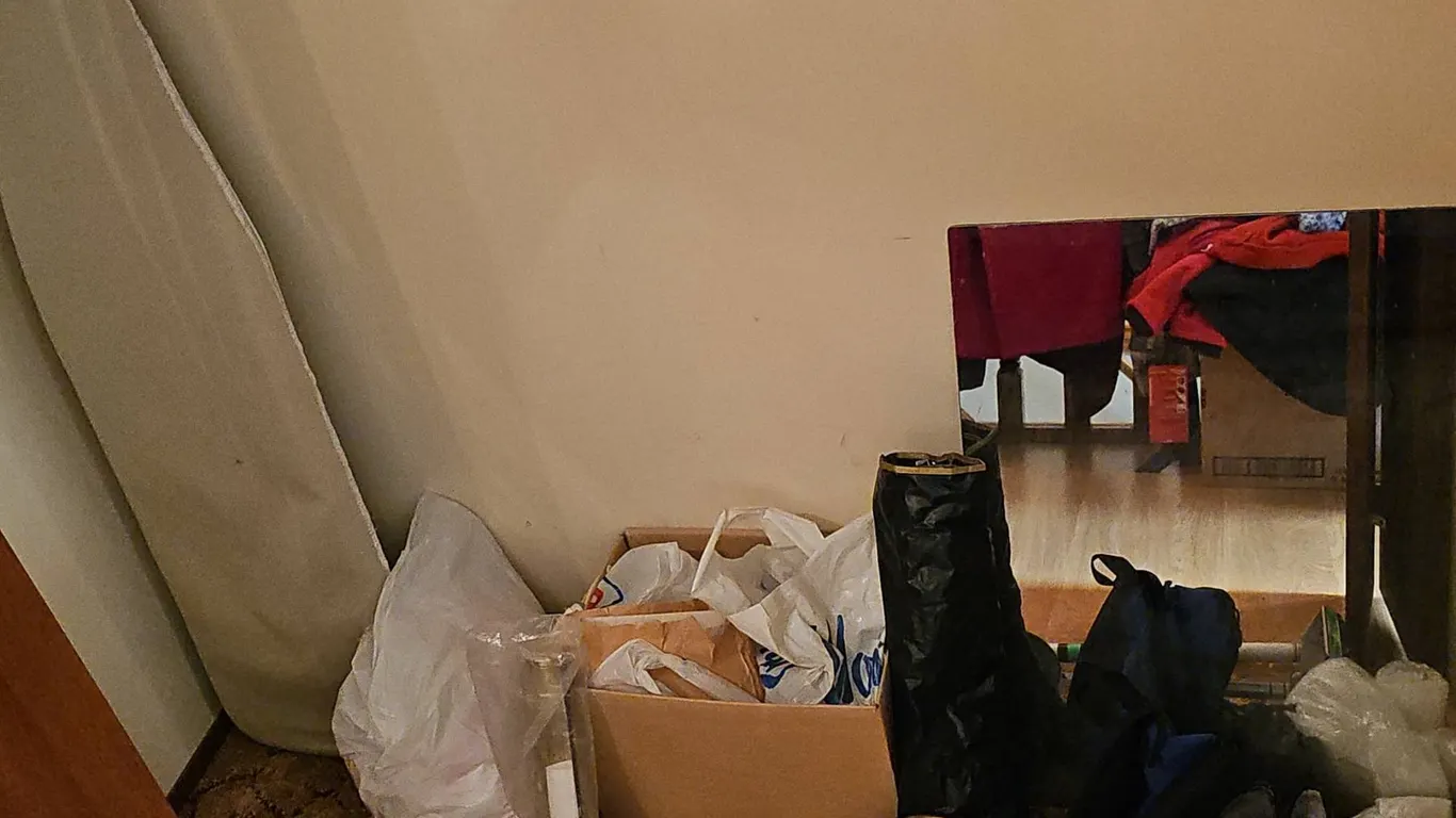 Household Items Including Shoes, Mirror, Bags, and Ironing Board