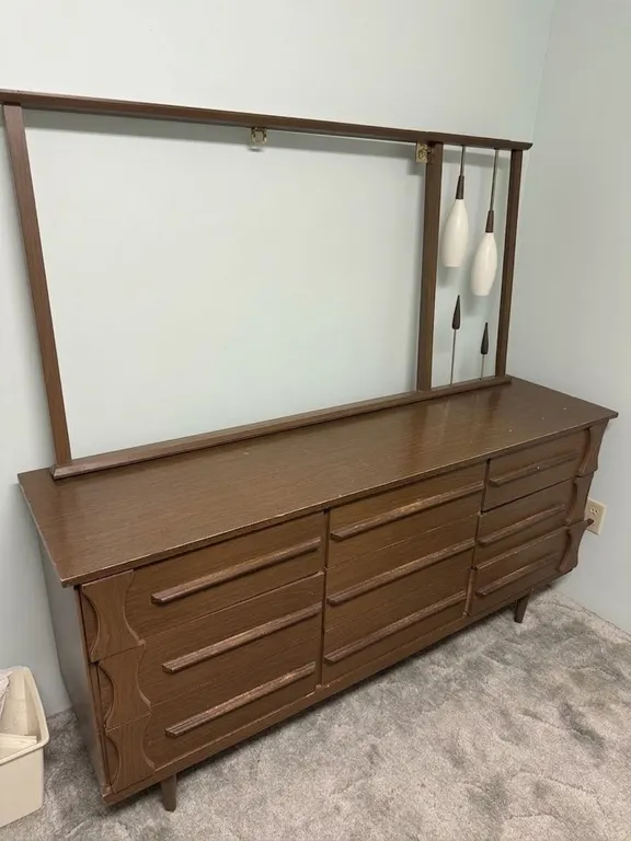 Mid-Century Modern Dresser with Mirror and Integrated Pendant Lights