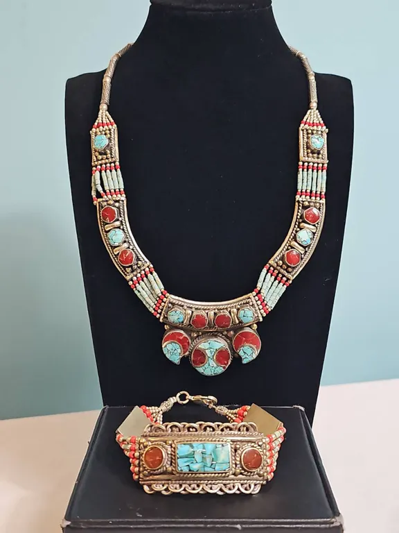 Handcrafted Silver Necklace and Bracelet Set with Turquoise and Coral