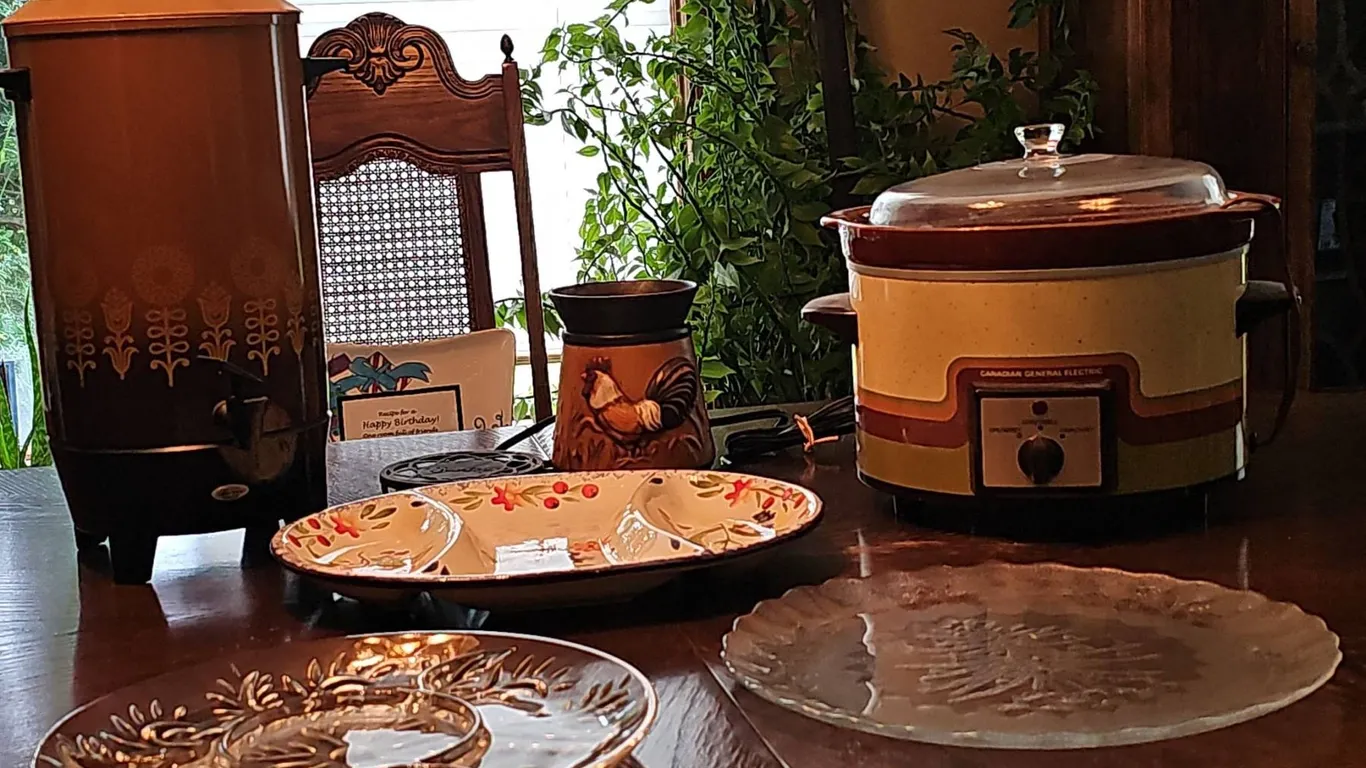 Mix of Small Appliances and Serving Ware Including Vintage Crockpot