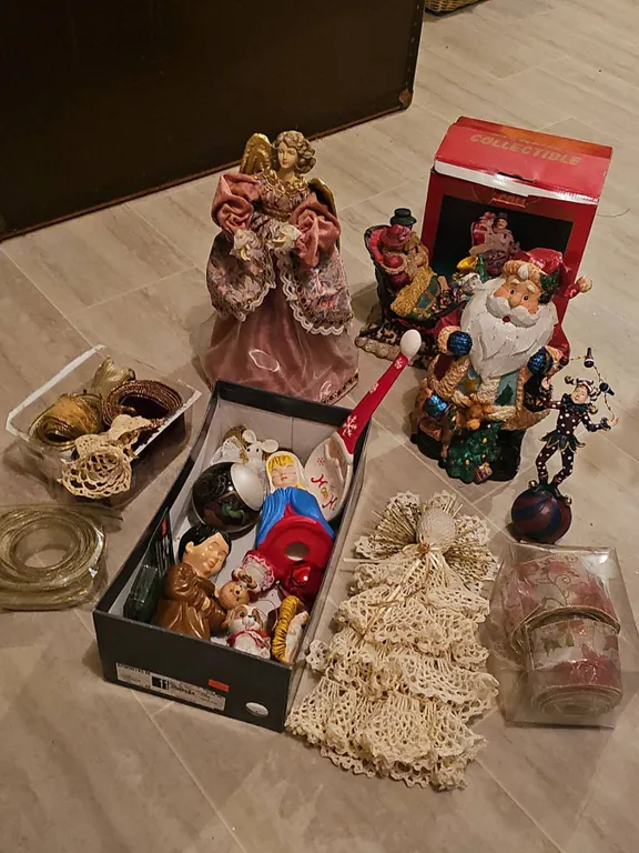 Christmas Decorations Including Angel Tree Topper and Santa Figurines