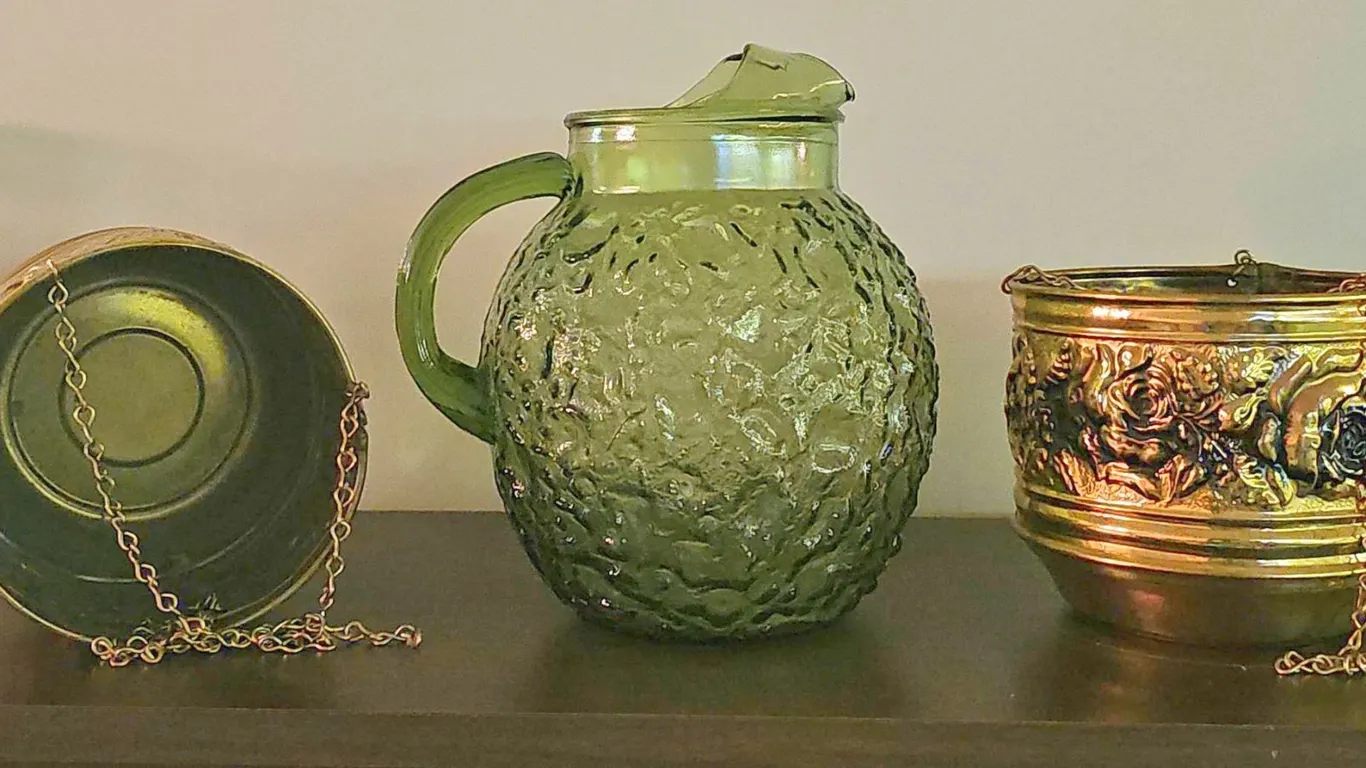 Embossed Brass Planter and Green Textured Glass Pitcher