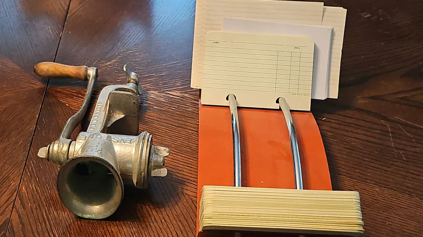 Keystone No. 20 Meat Grinder and Metal Rotary Card File