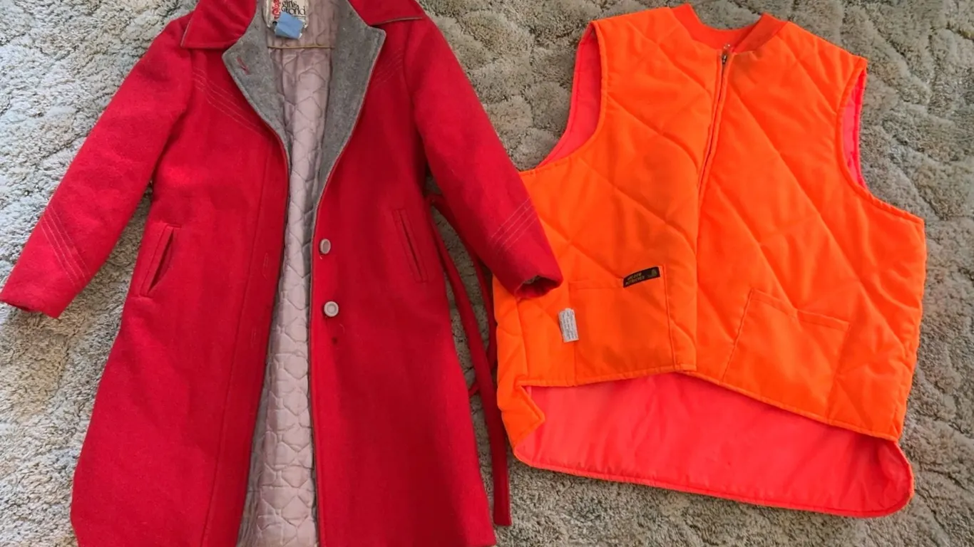 Girls World Red Wool Coat and Golden Retriever Hi-Visibility Orange Vest