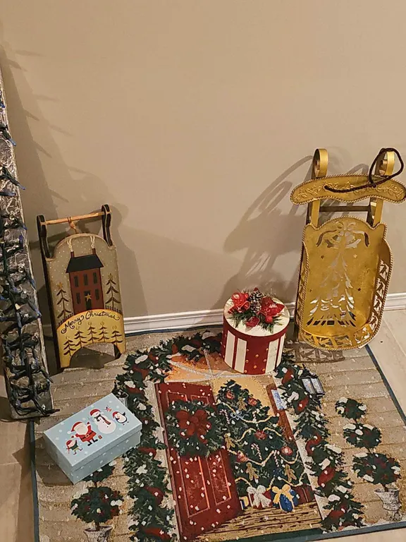 Christmas Decor Lot: Pair of Sleds, Holiday Box, and Festive Door Mat
