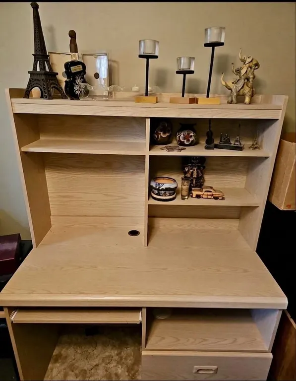 Light Oak Desk With Shelves and Collectible Decor Items