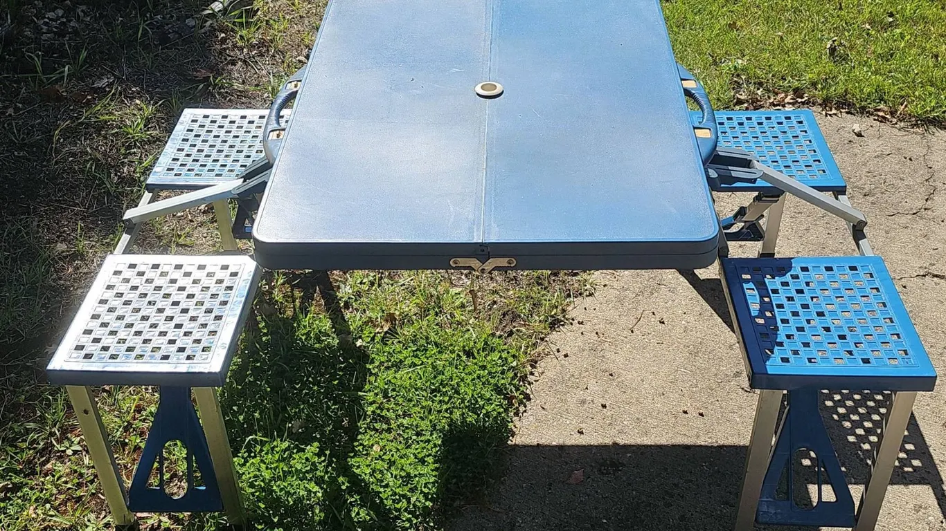 Blue Folding Picnic Table with Four Attached Seats