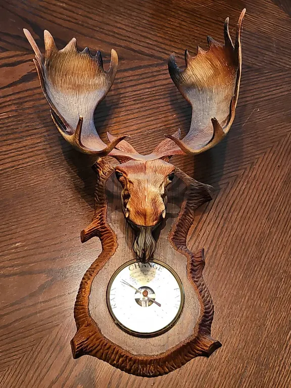Moose Head Wood Carved Wall Barometer with Large Antlers