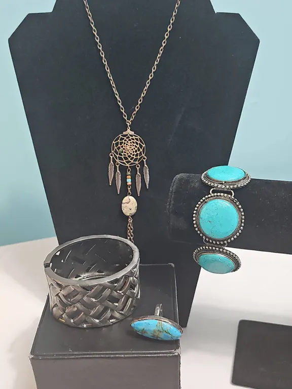 Lot: Dreamcatcher Necklace, Woven Cuff, Turquoise Bracelet, Turquoise Ring