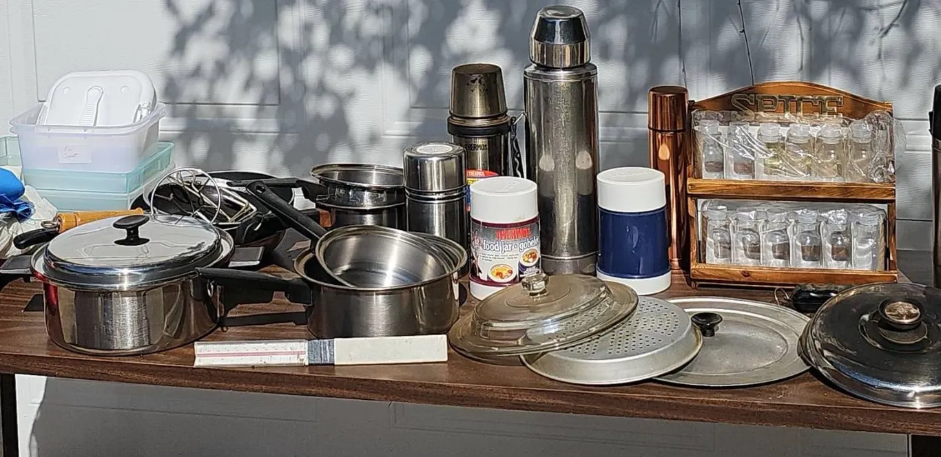 Kitchenware Lot with Cookware, Spice Rack, Thermoses, and Containers