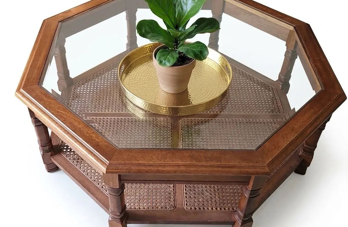 Octagonal Wood and Glass Coffee Table with Cane Panels